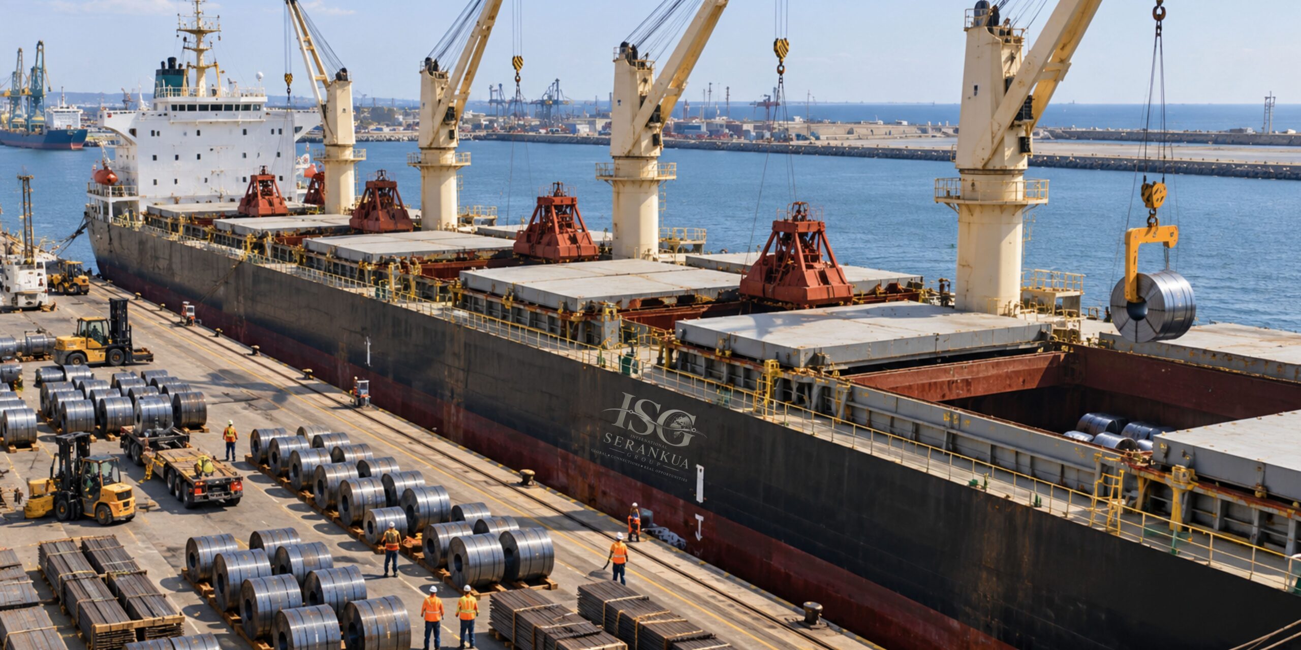 Steel coils and industrial cargo being loaded onto a vessel